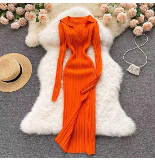 Custom split wrap knee length V-Neck casual elegant autumn ribbed pullover warm OEM women casual long knitted sweater dresses