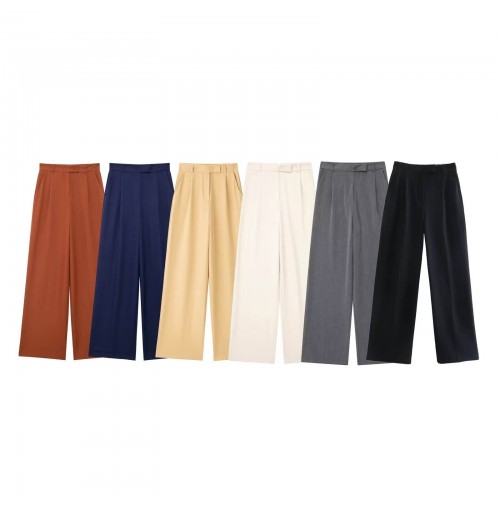 Women 2024 Autumn New Fashion Pleated Wide Leg Pants Vintage Pocket Casual Chic Female Trousers Mujer