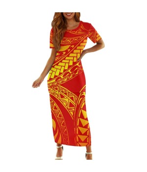 OEM Orange Polynesian Texture Printing Samoan Puletasi Plus Size Women's Clothing Island Dress 2pcs Crewneck Women's Dresses