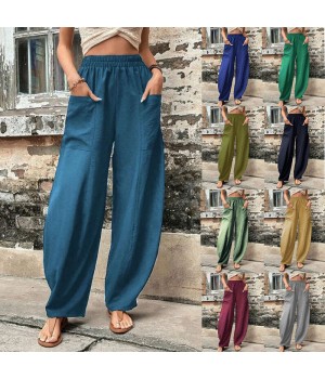 Plus Size 5XL Spring Summer Pants for Women Large Loose Solid Pants with Pockets Linen Elastic Waist Female Streetwear