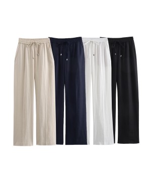 Women 2024 New Fashion Linen straight pants Vintage High Elastic Waist Drawstring Female Trousers Mujer