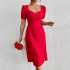 Red Women's Clothing 2025 Spring Summer Puff Sleeve Square Collar Woman Dress Sexy Slit Evening Party Dresses For Women