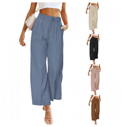 Loose-Fit Solid Wide Leg High Waist Trousers with Elastic Waistband for Women