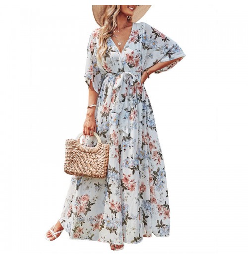 Women's Elegant Summer Bohemian Maxi Dress Casual Floral Printing In Wrap Deep V Neck 3/4 Sleeve Breathable Chiffon Fabric