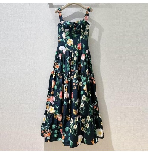 100%Cotton Dress 2025 Spring Summer Designer Fashion Women Spaghetti Strap Vintage Floral Print Midi Party Elegant Dress Luxury